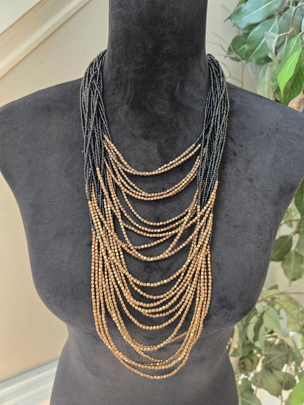 Black & Bronze Multi Strand Beaded Layered Statement Necklace